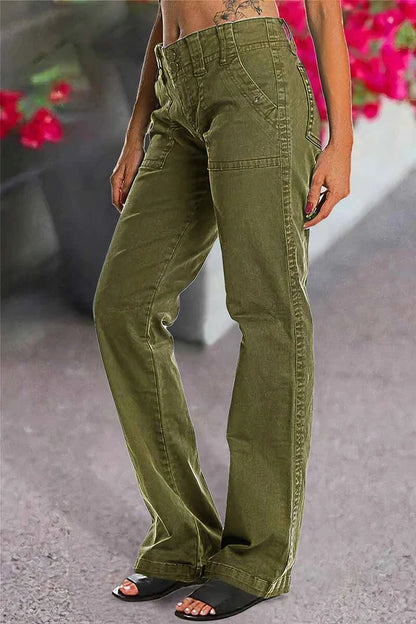 Double Button Mid Waist Straight Leg Pants
