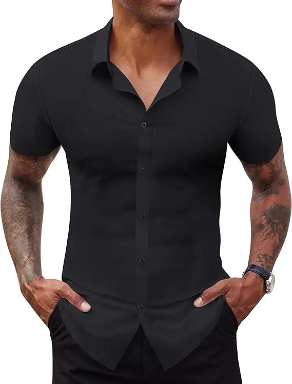 Men's Stretch Short   Sleeve Dress Shirt | Slim   Fit Business Casual   Button Down