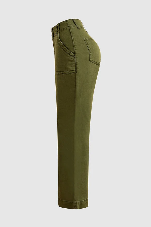 Double Button Mid Waist Straight Leg Pants
