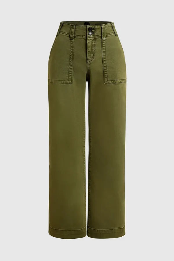 Double Button Mid Waist Straight Leg Pants