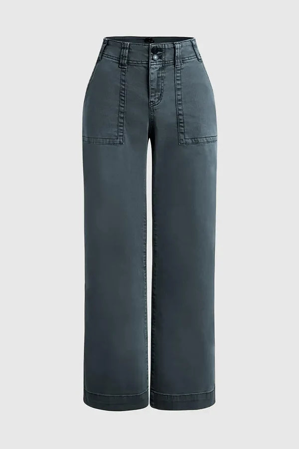 Double Button Mid Waist Straight Leg Pants